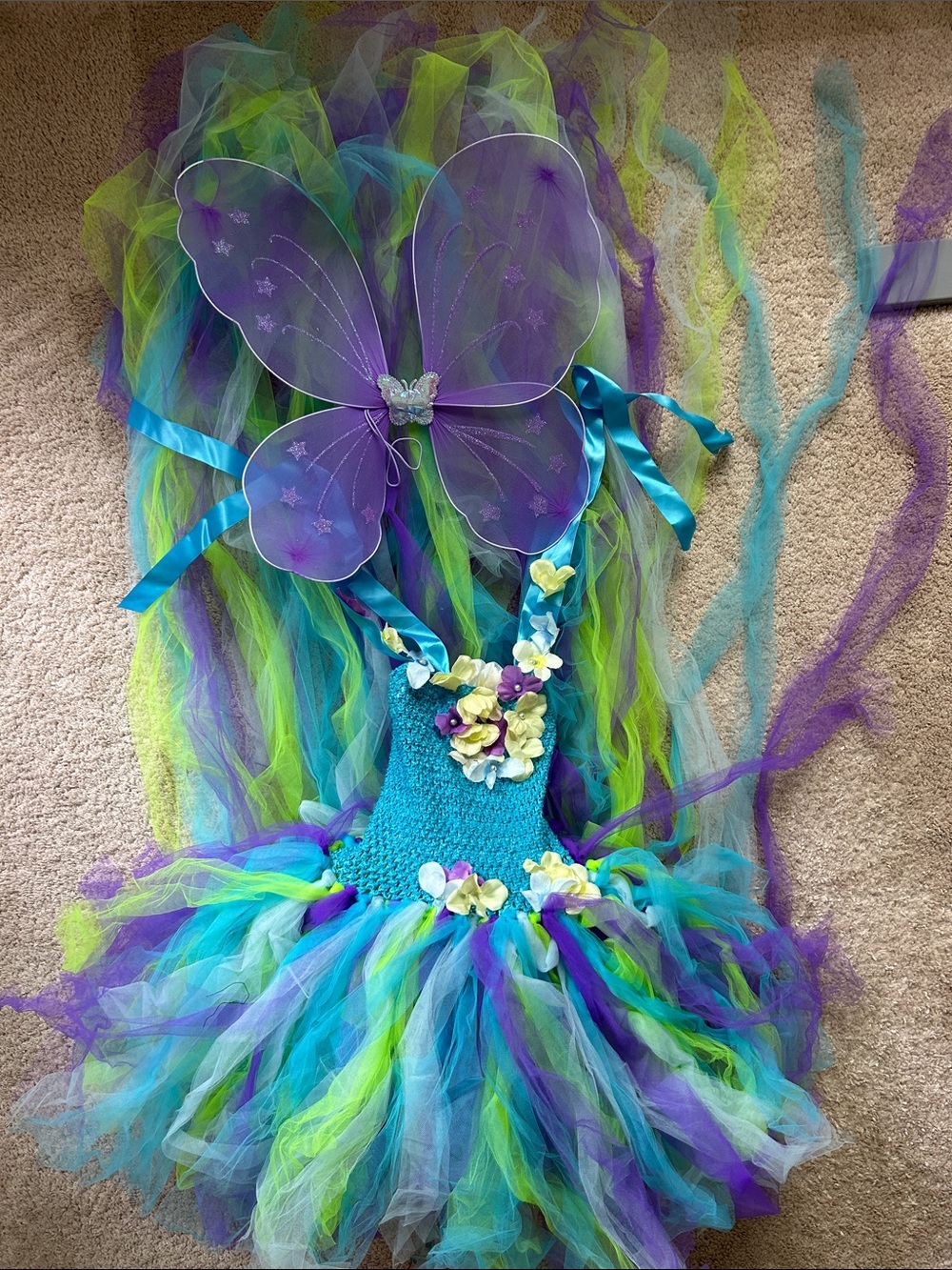Purple & Teal Flower Fairy Tutu Costume Dress with Wings Halloween 7-8 Years